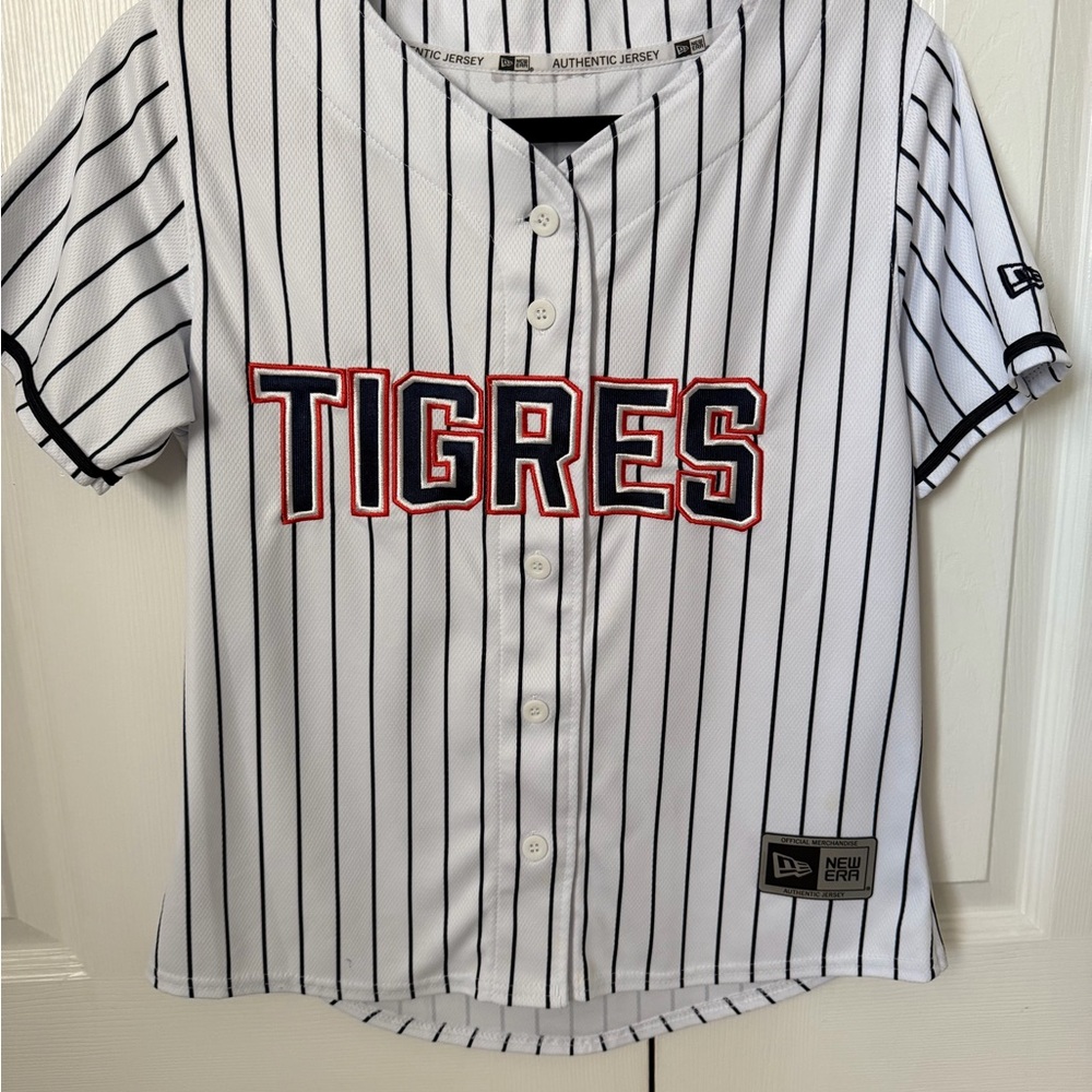 New Era White Pinstripe 'TIGRES' Kids Baseball Jersey with Navy & Red Lettering
